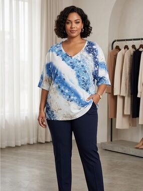 Temu Blue White Cream Women's V-Neck Blouse Top Size 5X